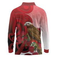 New Zealand Parrot Kaka Long Sleeve Polo Shirt Maori Koru With Pohutukawa Flowers LT05 - Polynesian Pride