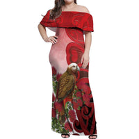 New Zealand Parrot Kaka Off Shoulder Maxi Dress Maori Koru With Pohutukawa Flowers LT05 Women Red - Polynesian Pride