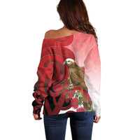 New Zealand Parrot Kaka Off Shoulder Sweater Maori Koru With Pohutukawa Flowers LT05 - Polynesian Pride
