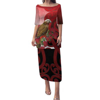 New Zealand Parrot Kaka Puletasi Maori Koru With Pohutukawa Flowers LT05 Long Dress Red - Polynesian Pride