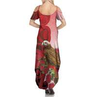 New Zealand Parrot Kaka Summer Maxi Dress Maori Koru With Pohutukawa Flowers LT05 - Polynesian Pride