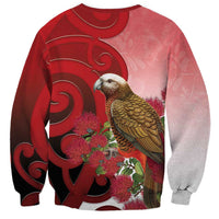 New Zealand Parrot Kaka Sweatshirt Maori Koru With Pohutukawa Flowers - Polynesian Pride