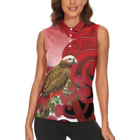 New Zealand Parrot Kaka Women Sleeveless Polo Shirt Maori Koru With Pohutukawa Flowers LT05 - Polynesian Pride