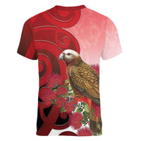 New Zealand Parrot Kaka Women V-Neck T-Shirt Maori Koru With Pohutukawa Flowers LT05 - Polynesian Pride