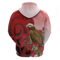 New Zealand Parrot Kaka Zip Hoodie Maori Koru With Pohutukawa Flowers LT05 - Polynesian Pride