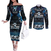 Micronesia FSM 691 Couples Matching Off The Shoulder Long Sleeve Dress and Long Sleeve Button Shirt Respect Culture LT05 Blue - Polynesian Pride