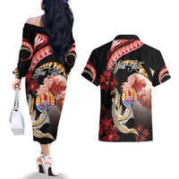 Personalised French Polynesia Victory Day Couples Matching Off The Shoulder Long Sleeve Dress and Hawaiian Shirt Polynesian Pattern Plumeria LT05 - Polynesian Pride