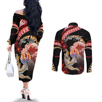 Personalised French Polynesia Victory Day Couples Matching Off The Shoulder Long Sleeve Dress and Long Sleeve Button Shirt Polynesian Pattern Plumeria LT05 - Polynesian Pride