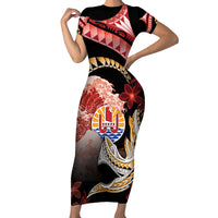 Personalised French Polynesia Victory Day Family Matching Short Sleeve Bodycon Dress and Hawaiian Shirt Polynesian Pattern Plumeria LT05 Mom's Dress Black - Polynesian Pride
