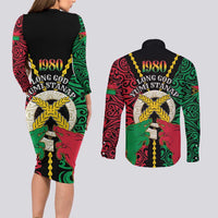 Vanuatu 45th Independence Day Couples Matching Long Sleeve Bodycon Dress and Long Sleeve Button Shirt Long God Yumi Stanap Wild Boar LT05 - Polynesian Pride