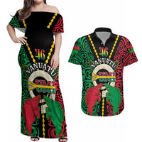 Vanuatu 45th Independence Day Couples Matching Off Shoulder Maxi Dress and Hawaiian Shirt Long God Yumi Stanap Wild Boar LT05 Black - Polynesian Pride