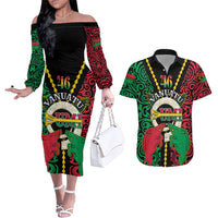 Vanuatu 45th Independence Day Couples Matching Off The Shoulder Long Sleeve Dress and Hawaiian Shirt Long God Yumi Stanap Wild Boar LT05 Black - Polynesian Pride