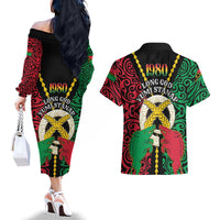 Vanuatu 45th Independence Day Couples Matching Off The Shoulder Long Sleeve Dress and Hawaiian Shirt Long God Yumi Stanap Wild Boar LT05 - Polynesian Pride