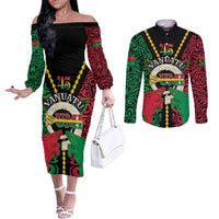 Vanuatu 45th Independence Day Couples Matching Off The Shoulder Long Sleeve Dress and Long Sleeve Button Shirt Long God Yumi Stanap Wild Boar LT05 Black - Polynesian Pride