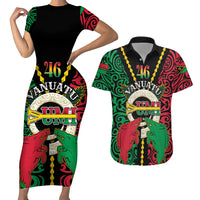 Vanuatu 45th Independence Day Couples Matching Short Sleeve Bodycon Dress and Hawaiian Shirt Long God Yumi Stanap Wild Boar LT05 Black - Polynesian Pride