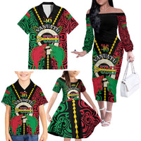 Vanuatu 45th Independence Day Family Matching Off The Shoulder Long Sleeve Dress and Hawaiian Shirt Long God Yumi Stanap Wild Boar LT05 - Polynesian Pride