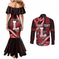 Personalized Hawaii Lahainaluna High School Couples Matching Mermaid Dress and Long Sleeve Button Shirt Tribal Tattoo With Hibiscus Flowers LT05 - Polynesian Pride