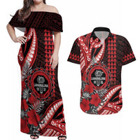 Personalized Hawaii Lahainaluna High School Couples Matching Off Shoulder Maxi Dress and Hawaiian Shirt Tribal Tattoo With Hibiscus Flowers LT05 Red - Polynesian Pride