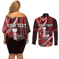 Personalized Hawaii Lahainaluna High School Couples Matching Off Shoulder Short Dress and Long Sleeve Button Shirt Tribal Tattoo With Hibiscus Flowers LT05 - Polynesian Pride