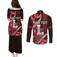 Personalized Hawaii Lahainaluna High School Couples Matching Puletasi and Long Sleeve Button Shirt Tribal Tattoo With Hibiscus Flowers LT05 - Polynesian Pride