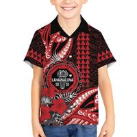 Personalized Hawaii Lahainaluna High School Family Matching Mermaid Dress and Hawaiian Shirt Tribal Tattoo With Hibiscus Flowers LT05 Son's Shirt Red - Polynesian Pride