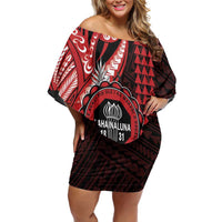 Personalized Hawaii Lahainaluna High School Family Matching Off Shoulder Short Dress and Hawaiian Shirt Tribal Tattoo With Hibiscus Flowers LT05 Mom's Dress Red - Polynesian Pride