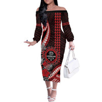 Personalized Hawaii Lahainaluna High School Off The Shoulder Long Sleeve Dress Tribal Tattoo With Hibiscus Flowers LT05 Women Red - Polynesian Pride