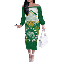 Personalised Cook Islands Ra o te Ui Ariki Family Matching Off The Shoulder Long Sleeve Dress and Hawaiian Shirt Polynesian Pattern LT05 Mom's Dress Green - Polynesian Pride