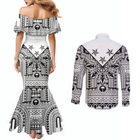 White Philippines Sun Star Couples Matching Mermaid Dress and Long Sleeve Button Shirt Igorot Tribal Inspiration