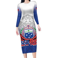 Custom Samoa Rugby 2024 Pacific Family Matching Long Sleeve Bodycon Dress and Hawaiian Shirt Go Manu Samoa LT05 Mom's Dress Blue - Polynesian Pride