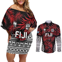Custom Flying Fijians Rugby 2024 Pacific Couples Matching Off Shoulder Short Dress and Long Sleeve Button Shirt Go Fiji LT05 Black - Polynesian Pride