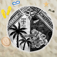 New Zealand And Fiji Rugby 2024 Beach Blanket Maori Kiwi With Fijian Palm Tree LT05 One Size 150cm Black - Polynesian Pride