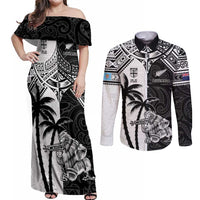 Custom New Zealand And Fiji Rugby 2024 Couples Matching Off Shoulder Maxi Dress and Long Sleeve Button Shirt Maori Kiwi With Fijian Palm Tree LT05 Black - Polynesian Pride