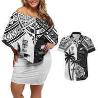 Custom New Zealand And Fiji Rugby 2024 Couples Matching Off Shoulder Short Dress and Hawaiian Shirt Maori Kiwi With Fijian Palm Tree LT05 Black - Polynesian Pride