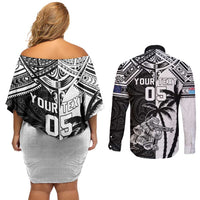 Custom New Zealand And Fiji Rugby 2024 Couples Matching Off Shoulder Short Dress and Long Sleeve Button Shirt Maori Kiwi With Fijian Palm Tree LT05 - Polynesian Pride