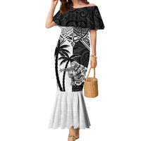 Custom New Zealand And Fiji Rugby 2024 Family Matching Mermaid Dress and Hawaiian Shirt Maori Kiwi With Fijian Palm Tree LT05 Mom's Dress Black - Polynesian Pride