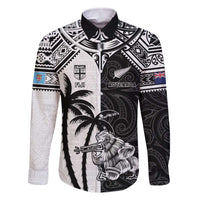 Custom New Zealand And Fiji Rugby 2024 Family Matching Off The Shoulder Long Sleeve Dress and Hawaiian Shirt Maori Kiwi With Fijian Palm Tree LT05 Dad's Shirt - Long Sleeve Black - Polynesian Pride
