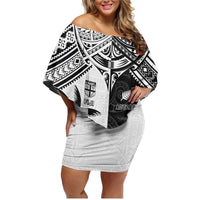 Custom New Zealand And Fiji Rugby 2024 Family Matching Off Shoulder Short Dress and Hawaiian Shirt Maori Kiwi With Fijian Palm Tree LT05 Mom's Dress Black - Polynesian Pride