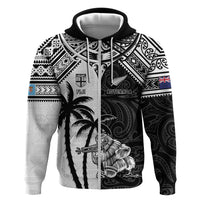 Custom New Zealand And Fiji Rugby 2024 Hoodie Maori Kiwi With Fijian Palm Tree LT05 Zip Hoodie Black - Polynesian Pride