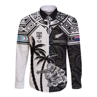 Custom New Zealand And Fiji Rugby 2024 Long Sleeve Button Shirt Maori Kiwi With Fijian Palm Tree LT05 Unisex Black - Polynesian Pride