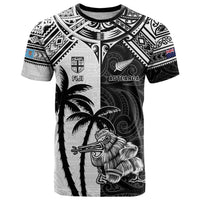 Custom New Zealand And Fiji Rugby 2024 T Shirt Maori Kiwi With Fijian Palm Tree LT05 Black - Polynesian Pride