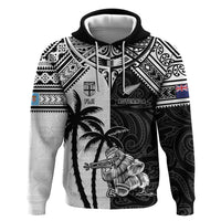 Custom New Zealand And Fiji Rugby 2024 Zip Hoodie Maori Kiwi With Fijian Palm Tree LT05 Pullover Hoodie Black - Polynesian Pride