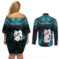 New Zealand Couples Matching Off Shoulder Short Dress and Long Sleeve Button Shirts Manaia Maori Pattern With Turquoise Fern LT05 - Polynesian Pride