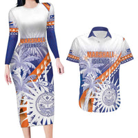 Personalised Marshall Islands Manit Day Couples Matching Long Sleeve Bodycon Dress and Hawaiian Shirt Polynesian Tribal Tattoo Tropical Style LT05 Blue - Polynesian Pride