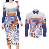 Personalised Marshall Islands Manit Day Couples Matching Long Sleeve Bodycon Dress and Long Sleeve Button Shirt Polynesian Tribal Tattoo Tropical Style LT05 Blue - Polynesian Pride