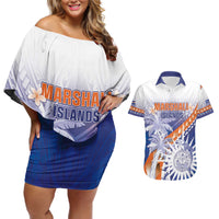 Personalised Marshall Islands Manit Day Couples Matching Off Shoulder Short Dress and Hawaiian Shirt Polynesian Tribal Tattoo Tropical Style LT05 Blue - Polynesian Pride
