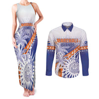 Personalised Marshall Islands Manit Day Couples Matching Tank Maxi Dress and Long Sleeve Button Shirt Polynesian Tribal Tattoo Tropical Style LT05 Blue - Polynesian Pride