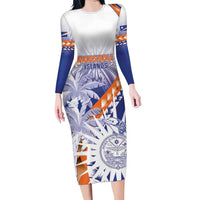 Personalised Marshall Islands Manit Day Family Matching Long Sleeve Bodycon Dress and Hawaiian Shirt Polynesian Tribal Tattoo Tropical Style LT05 Mom's Dress Blue - Polynesian Pride
