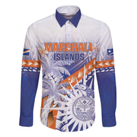 Personalised Marshall Islands Manit Day Family Matching Off Shoulder Maxi Dress and Hawaiian Shirt Polynesian Tribal Tattoo Tropical Style LT05 Dad's Shirt - Long Sleeve Blue - Polynesian Pride