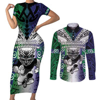 Custom New Zealand Warrior Couples Matching Short Sleeve Bodycon Dress and Long Sleeve Button Shirt Maori Tribal Pattern LT05 Green - Polynesian Pride